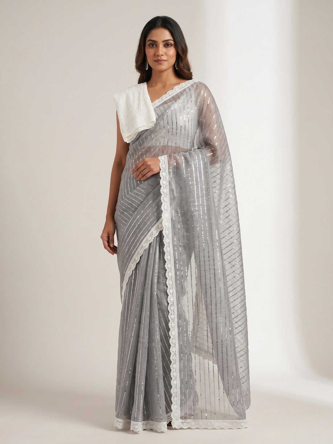 Grey Sequins Embroidered Organza Saree - Image 1