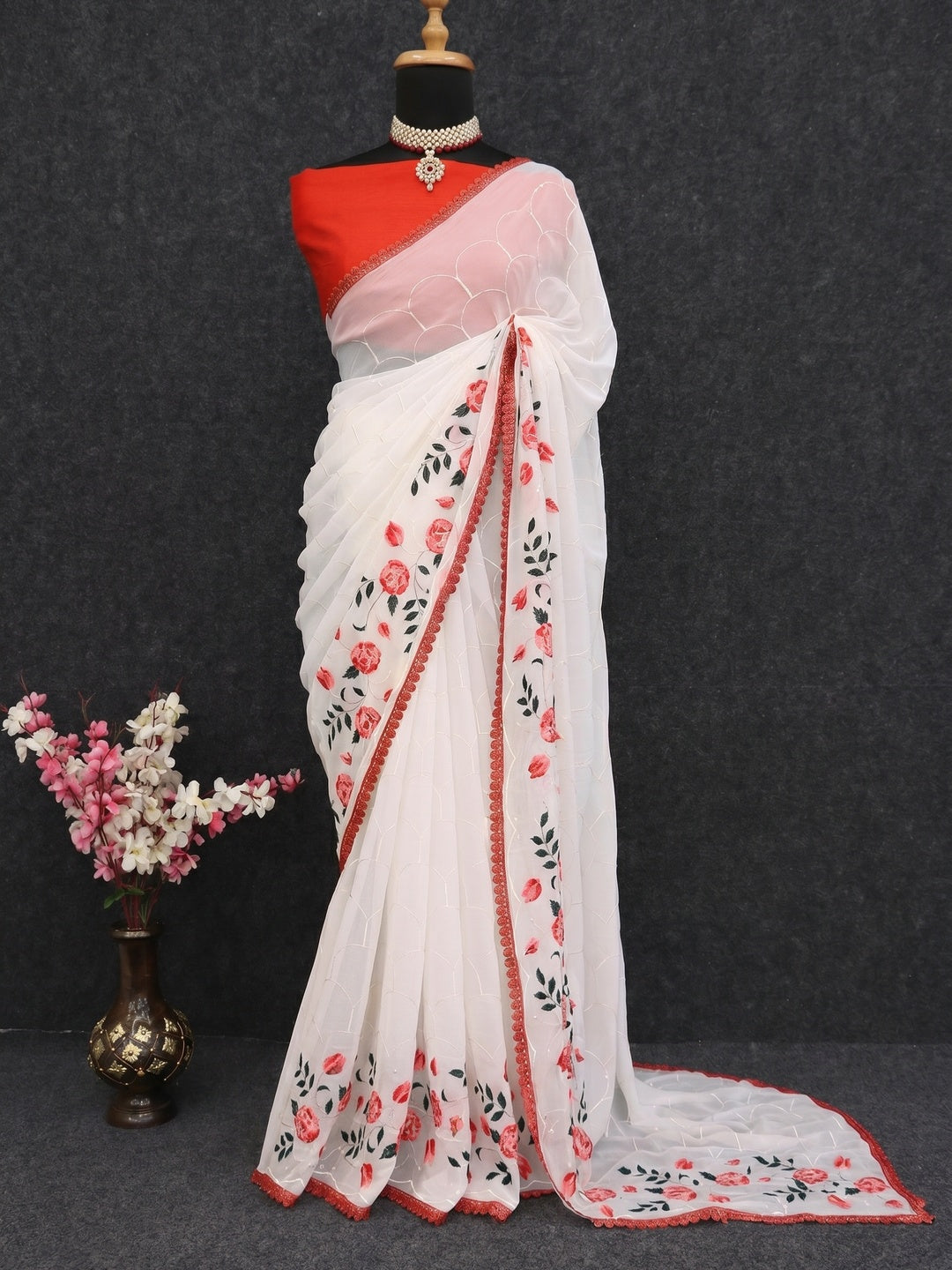 White Floral Embroidered Georgette Saree - Image 1