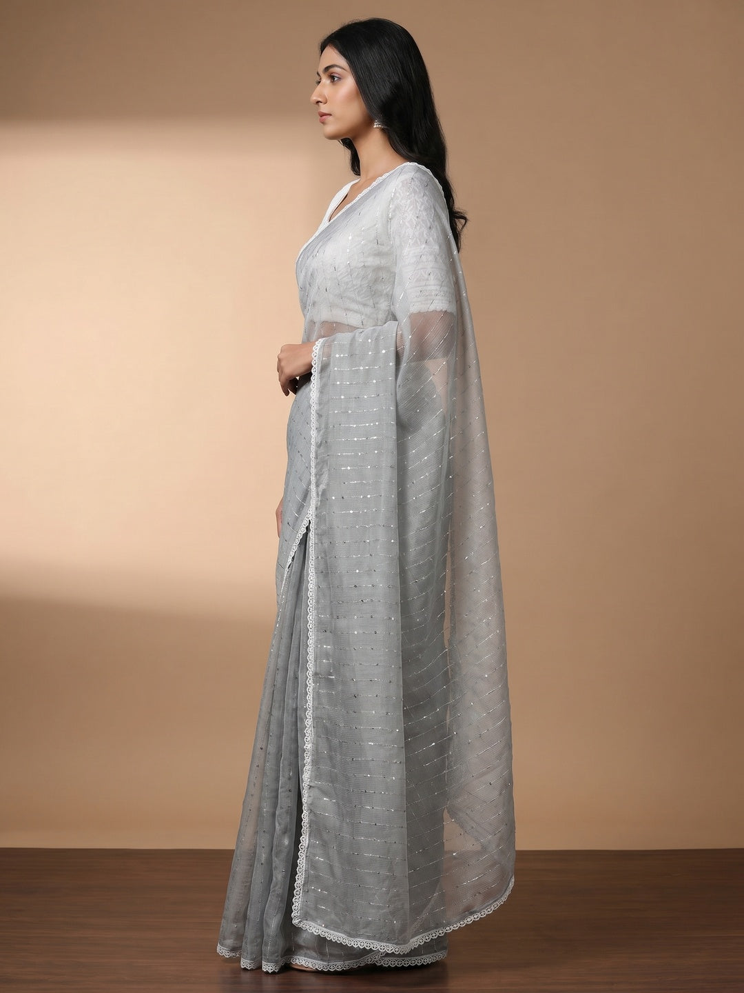 Grey Sequins Embroidered Organza Saree - Image 2