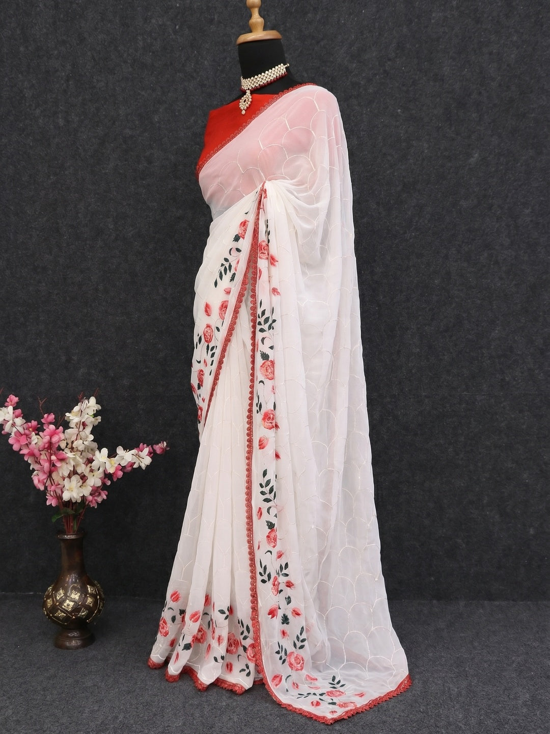 White Floral Embroidered Georgette Saree - Image 2