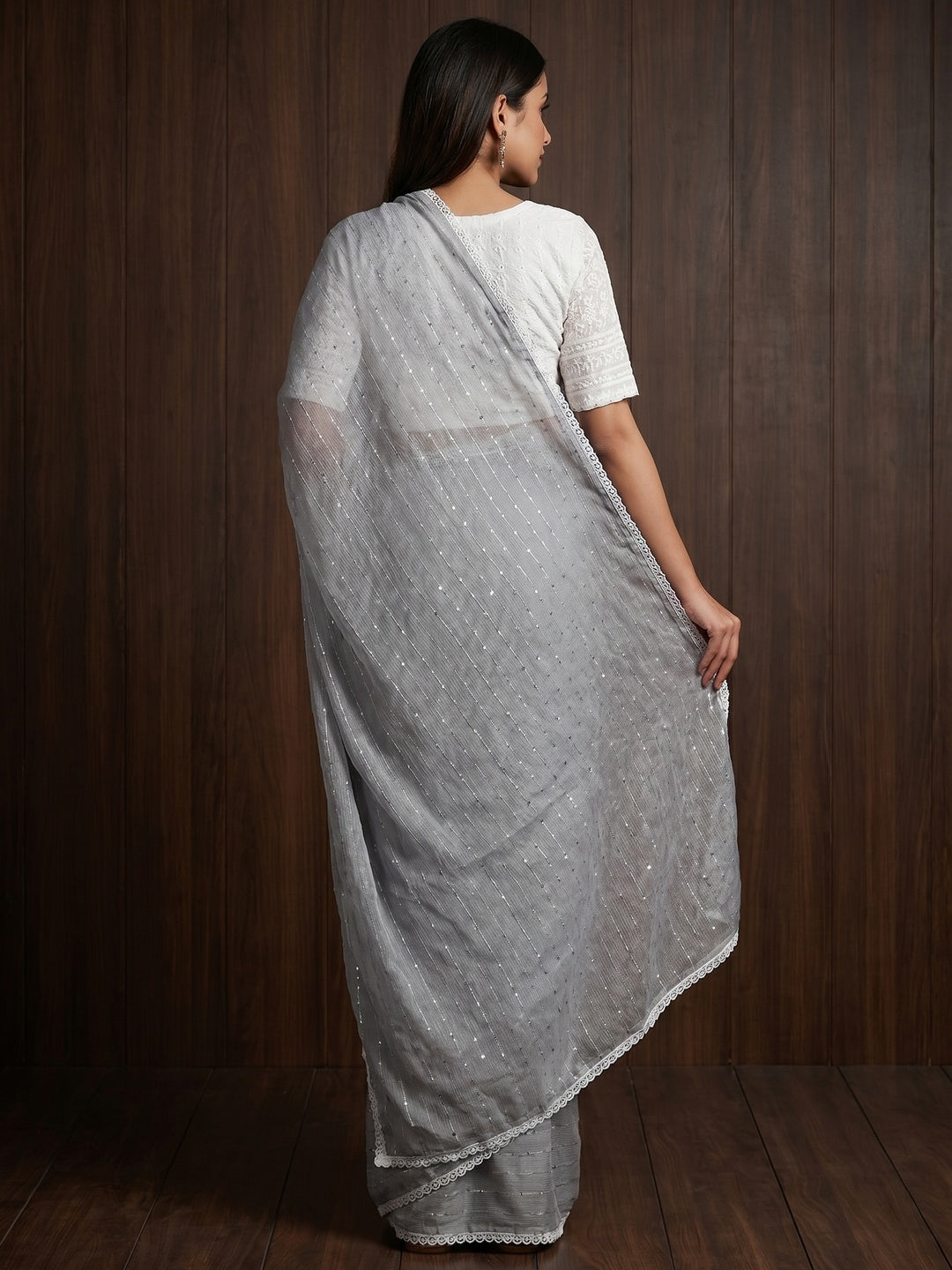 Grey Sequins Embroidered Organza Saree - Image 3