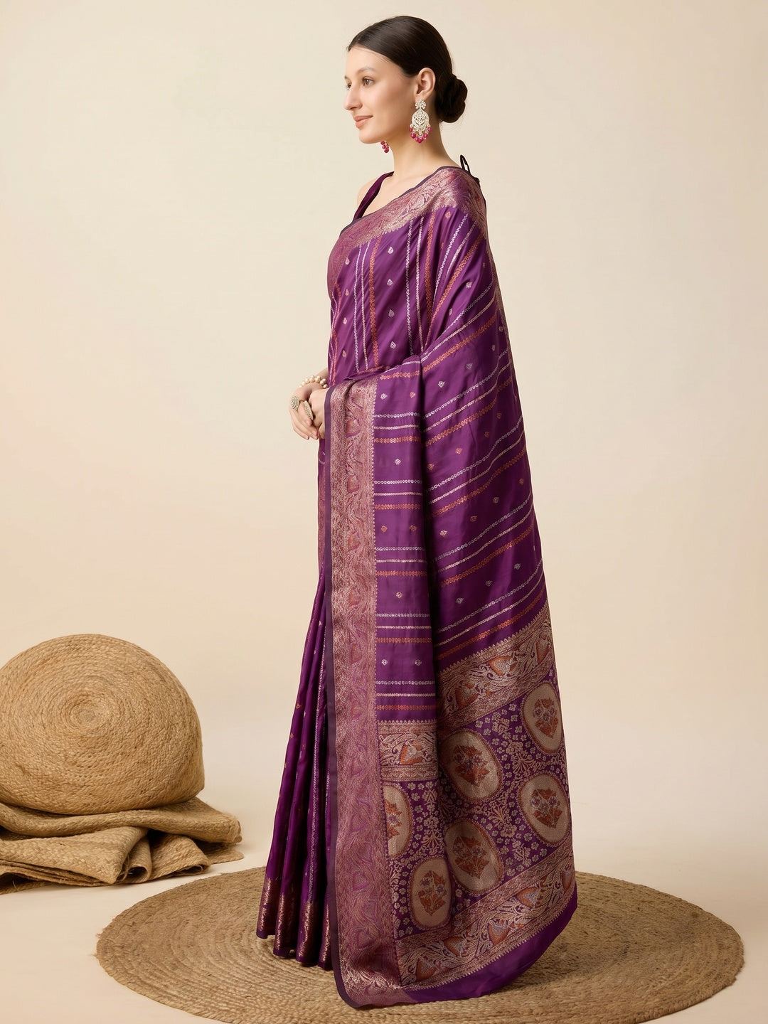 Purple Floral Woven Pure Silk Saree - Image 1