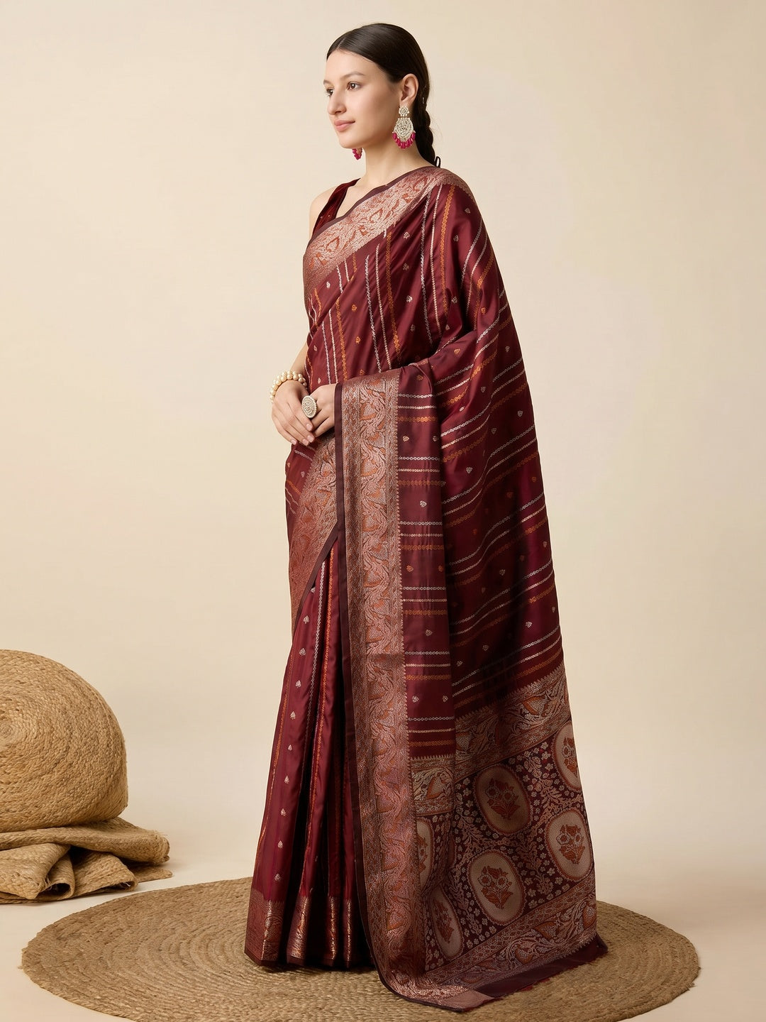 Maroon Floral Woven Pure Silk Saree - Image 1