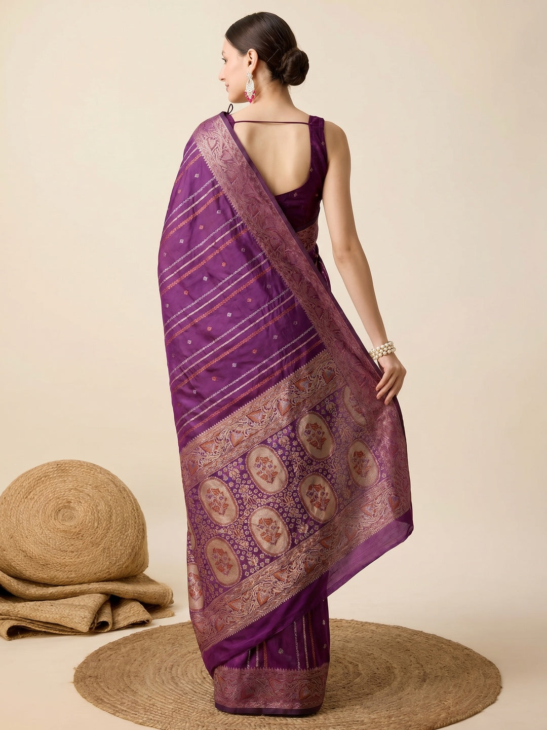 Purple Floral Woven Pure Silk Saree - Image 2