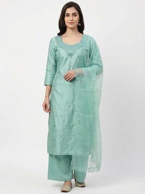 Sea Green Sequins Embroidered Art Silk Dress Material - Image 1