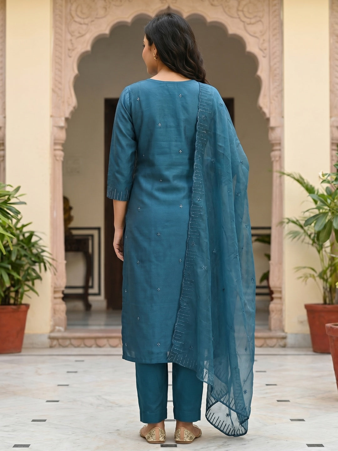 Teal Sequins Embroidered Art Silk Dress Material - Image 3