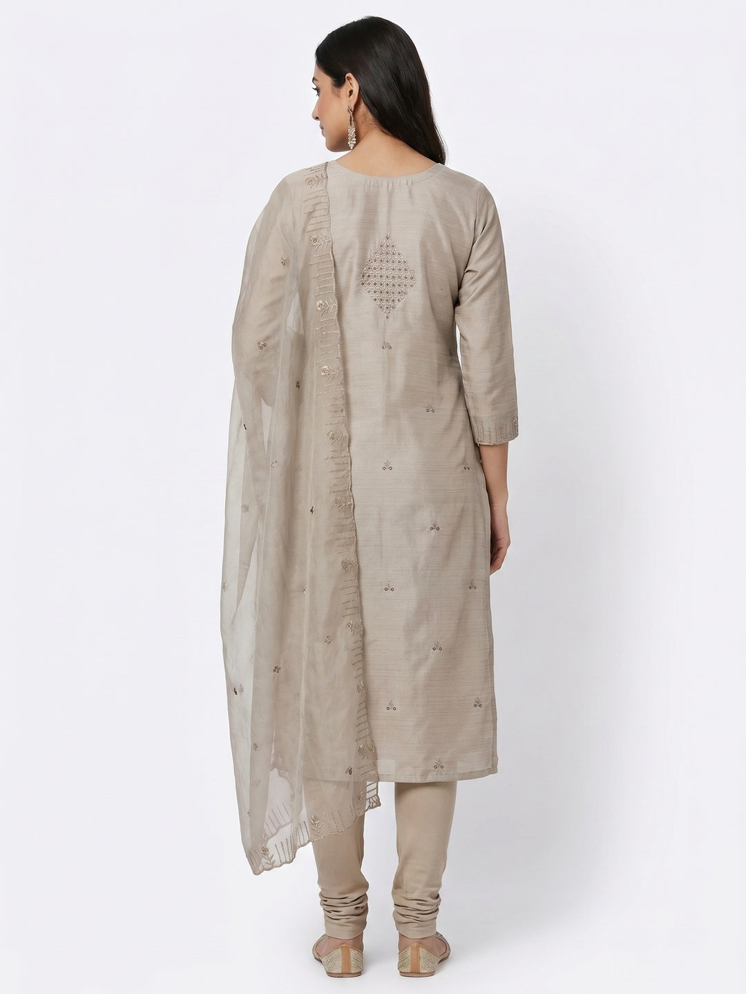 Beige Sequins Embroidered Art Silk Dress Material - Image 2