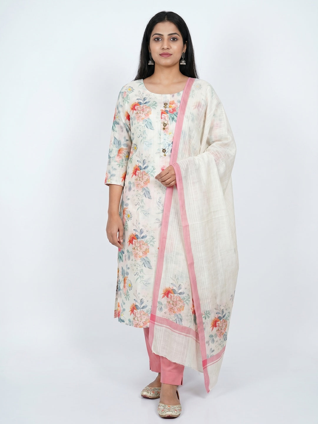 Off White Printed Linen Dress Material - Image 1