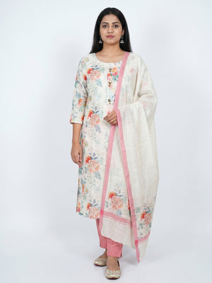 Off White Printed Linen Dress Material - Image 1