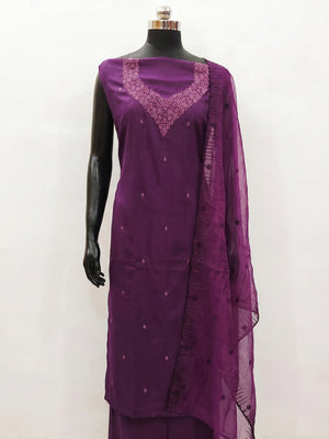 Purple Sequins Embroidered Art Silk Dress Material - Image 1