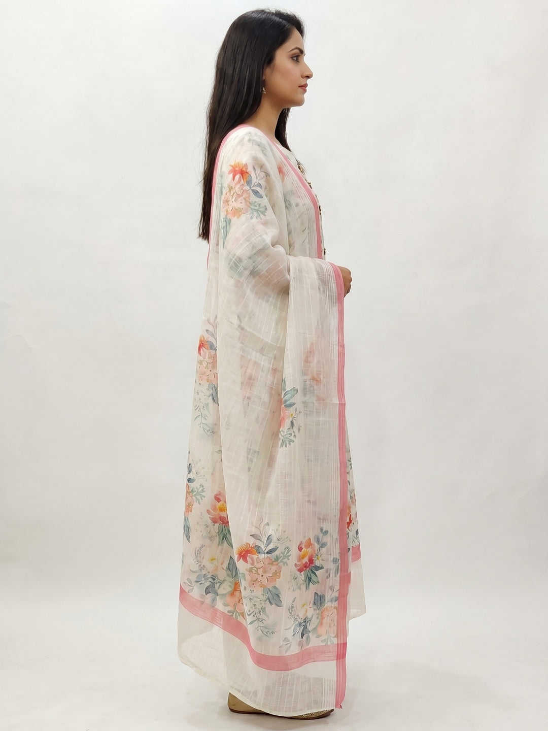Off White Printed Linen Dress Material - Image 3