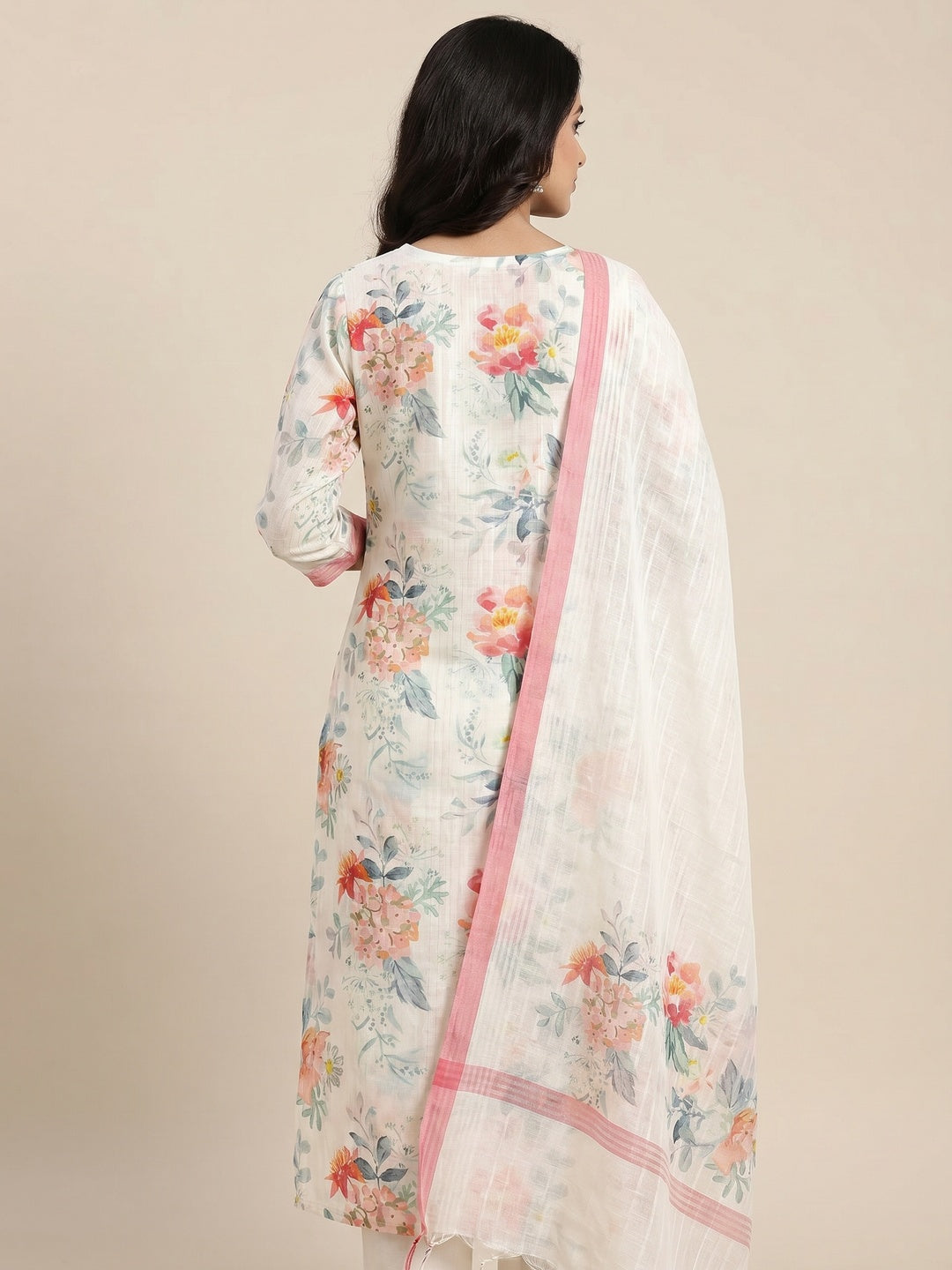 Off White Printed Linen Dress Material - Image 2