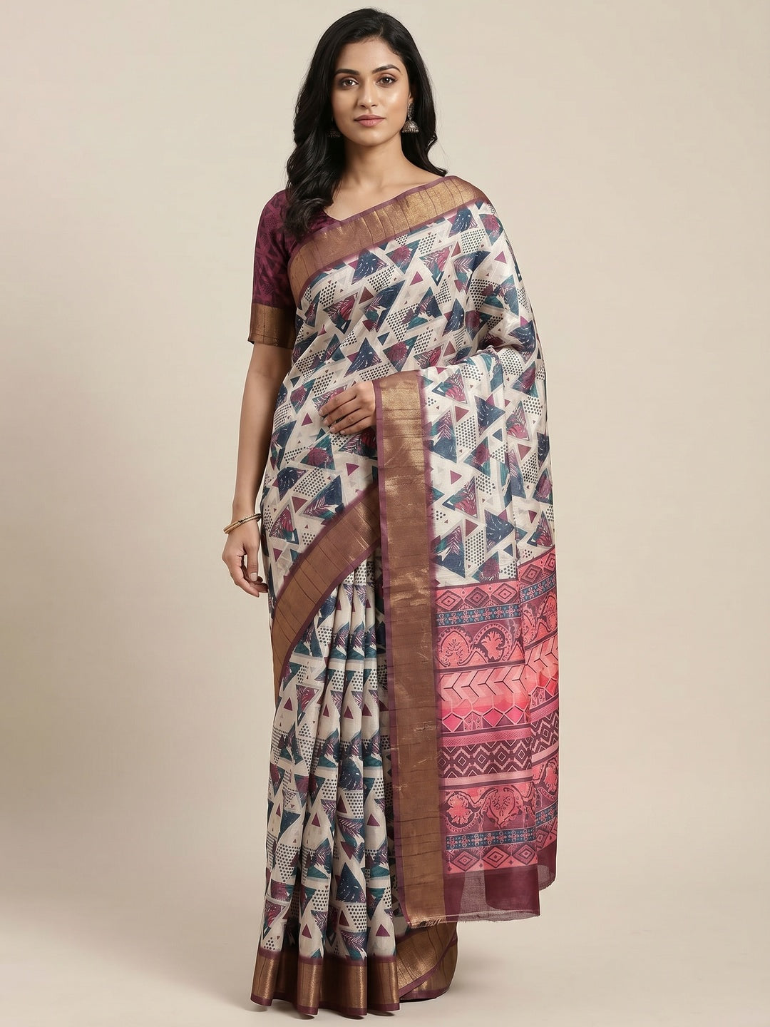 Off White Digital Printed Tussar Silk Saree - Image 1