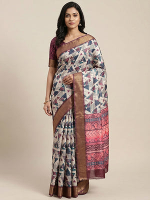 Off White Digital Printed Tussar Silk Saree - Image 1
