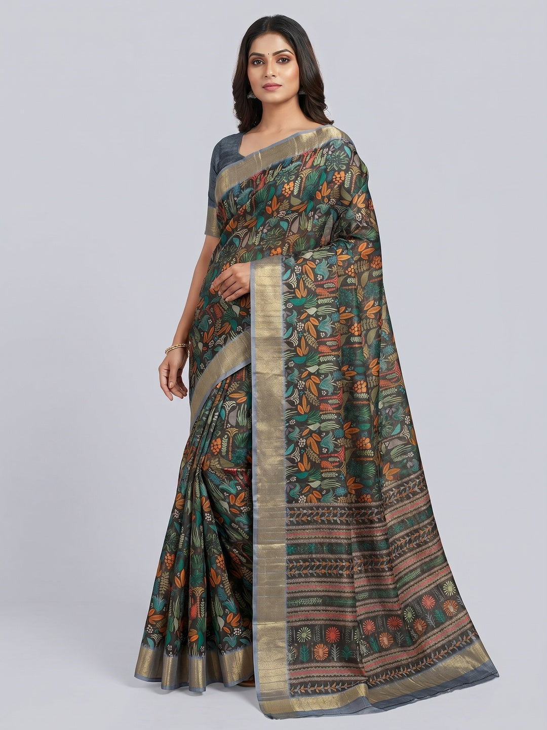 Black Digital Printed Tussar Silk Saree - Image 1