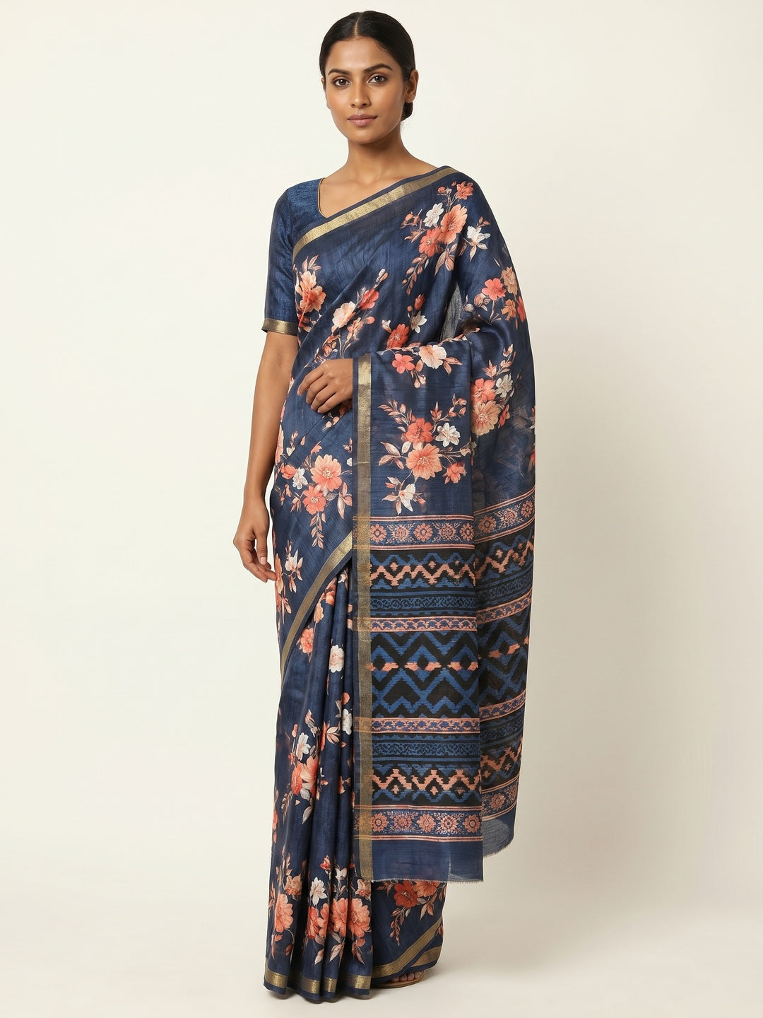Blue Digital Printed Tussar Silk Saree - Image 1
