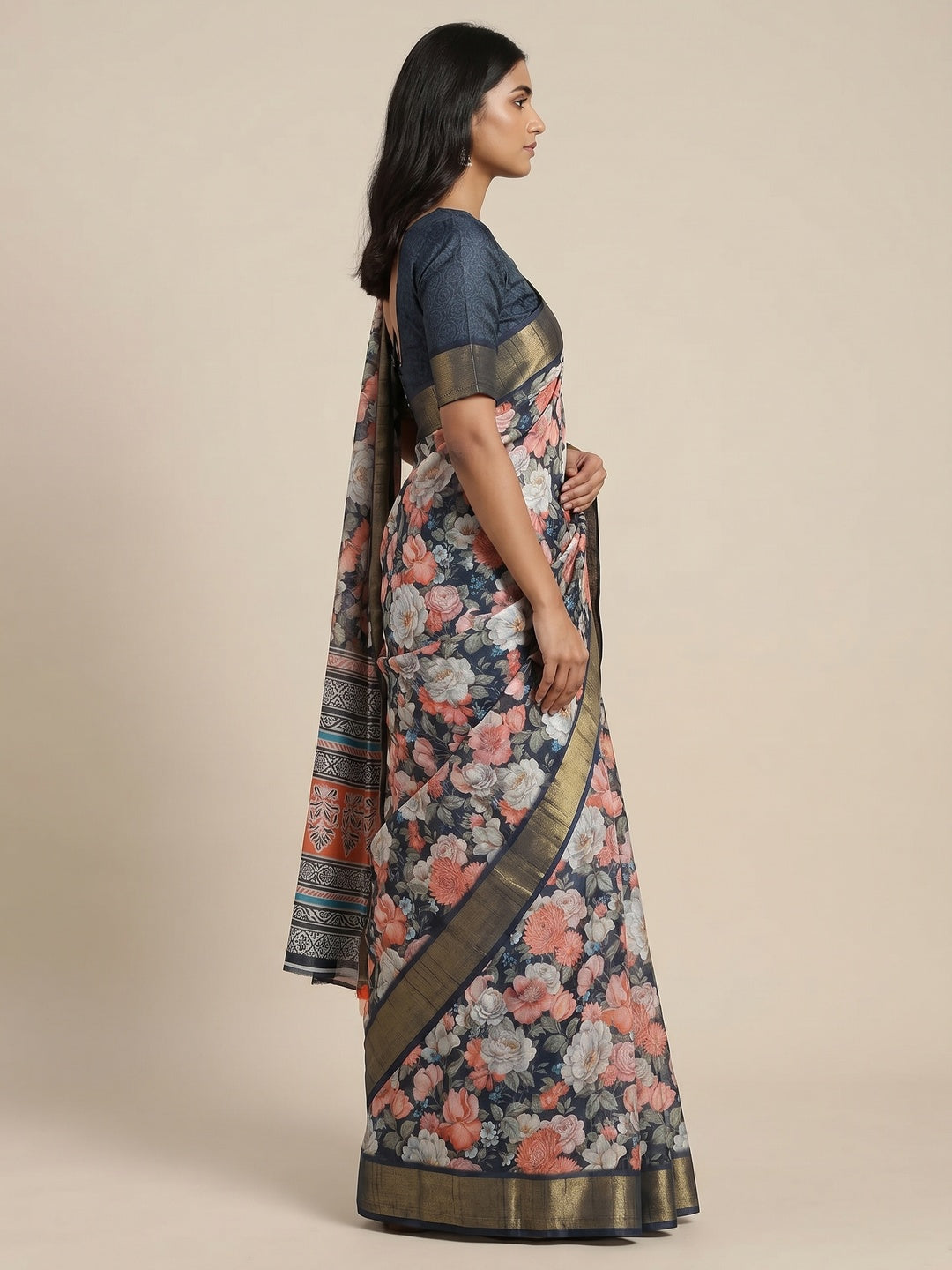 Blue Digital Printed Tussar Silk Saree - Image 3