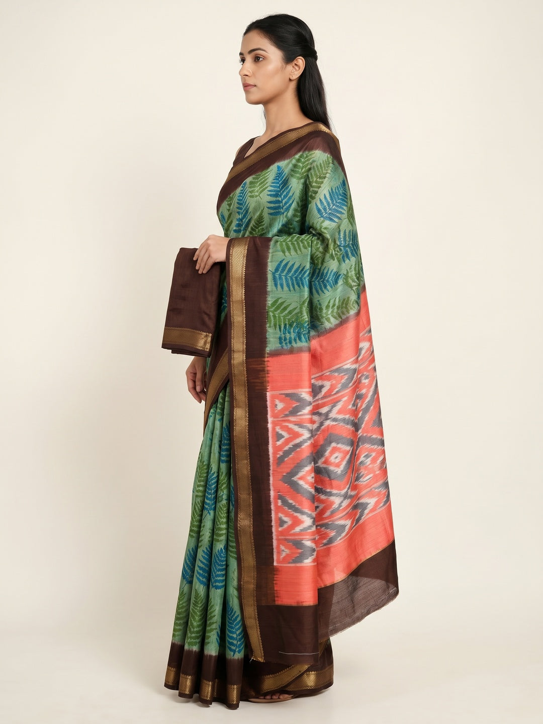 Dark Brown Digital Printed Tussar Silk Saree - Image 2