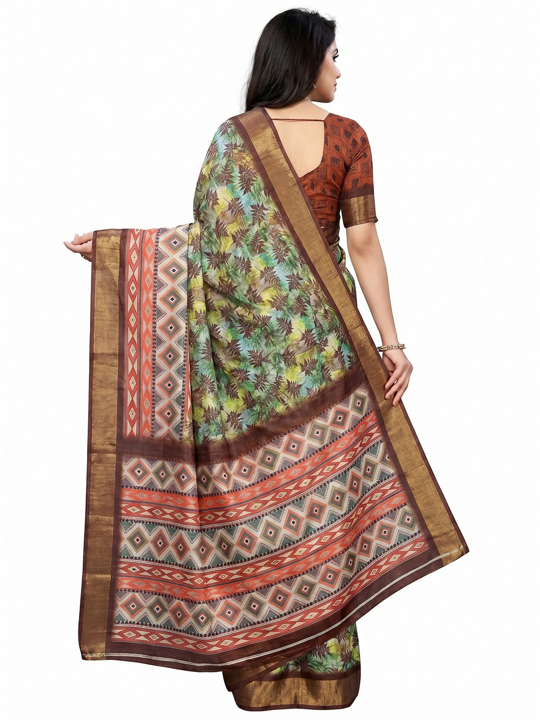 Dark Brown Digital Printed Tussar Silk Saree - Image 3