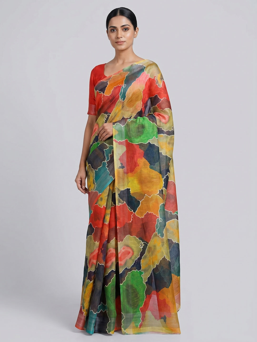 Multicolor Digital Printed Linen Saree With Border - Image 1