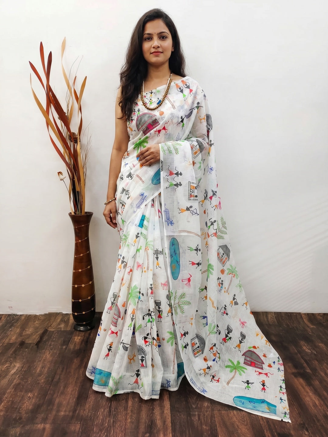 White Digital Printed Linen Saree With Border - Image 1