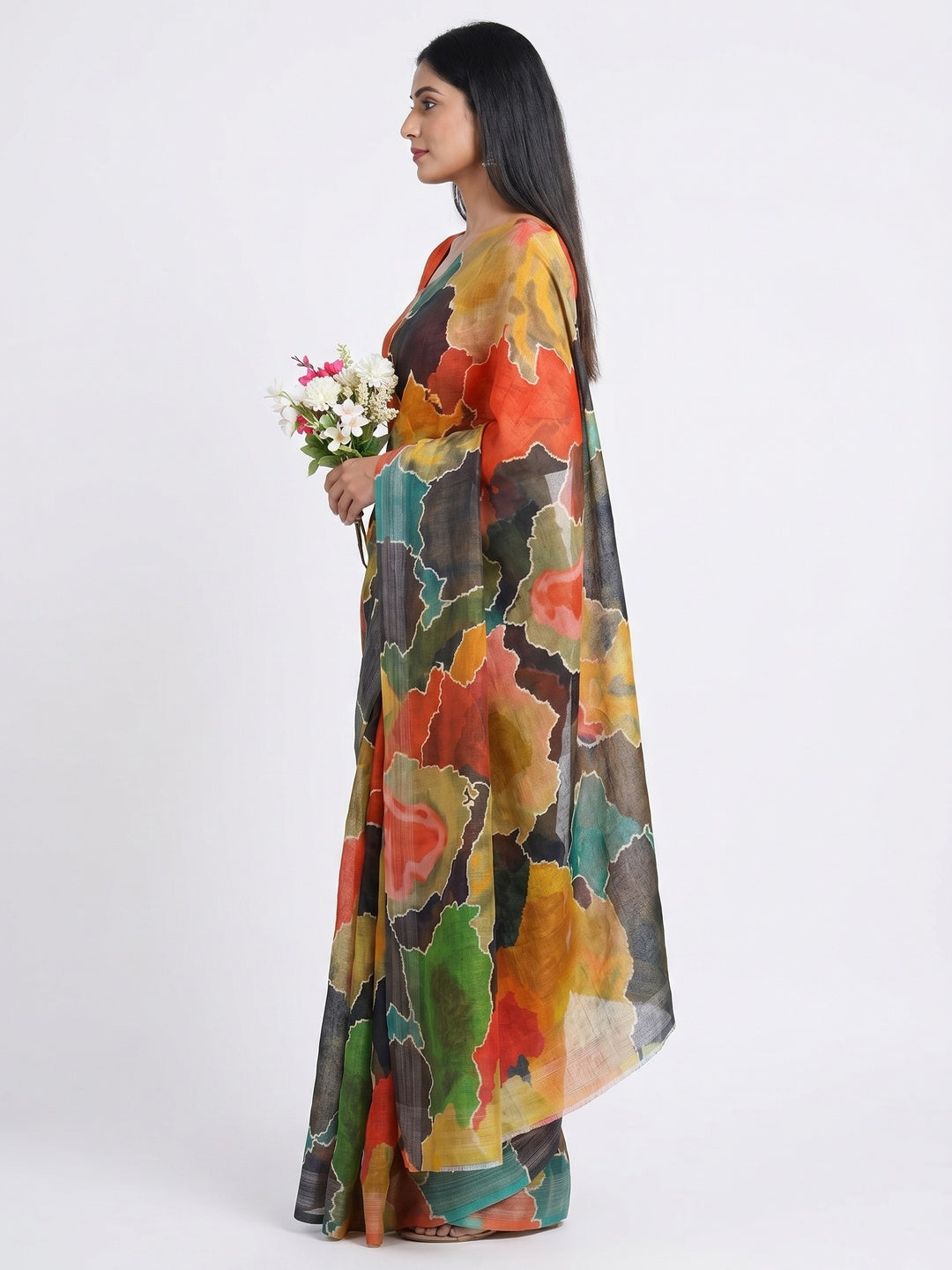 Multicolor Digital Printed Linen Saree With Border - Image 2