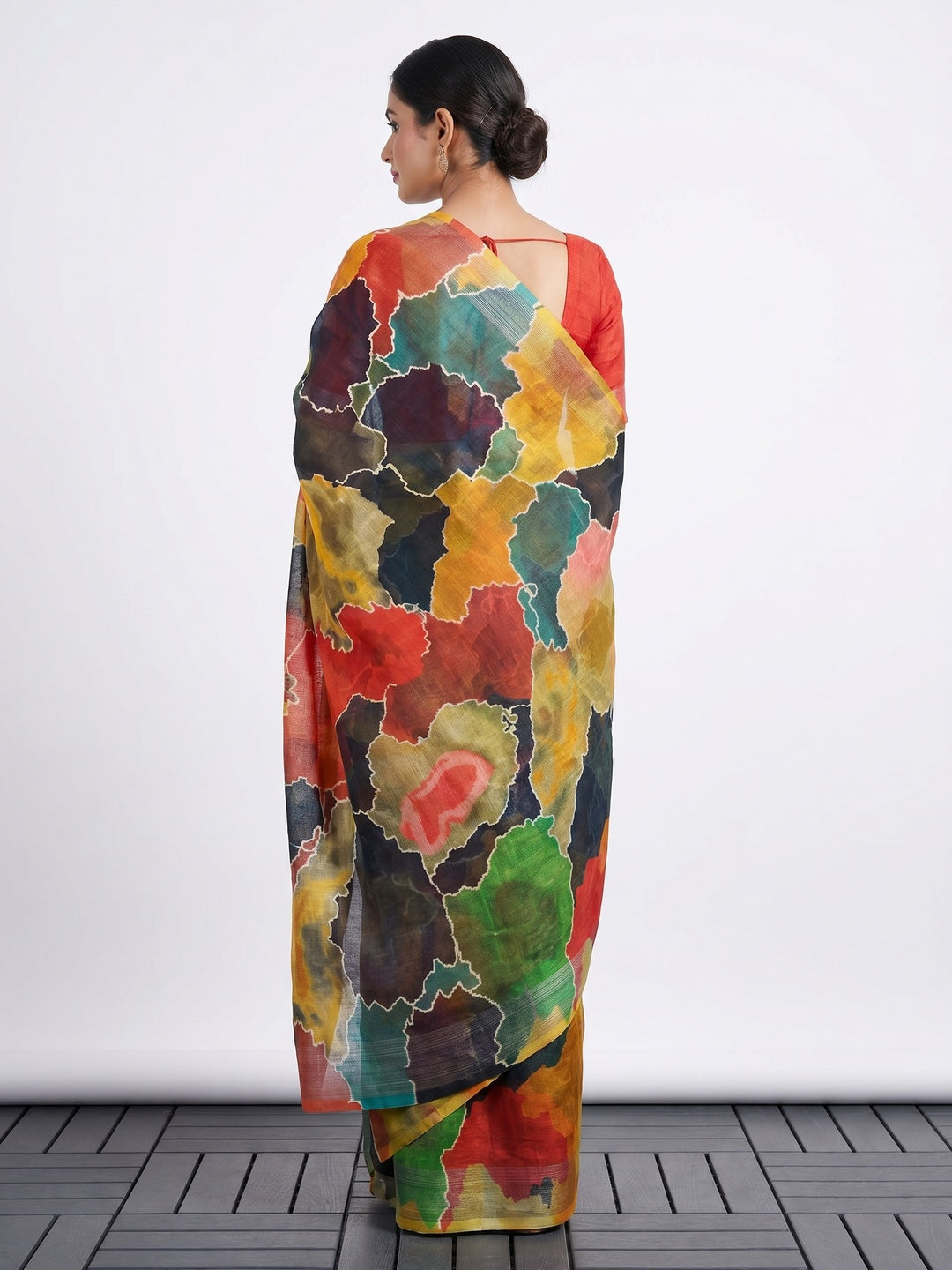 Multicolor Digital Printed Linen Saree With Border - Image 3