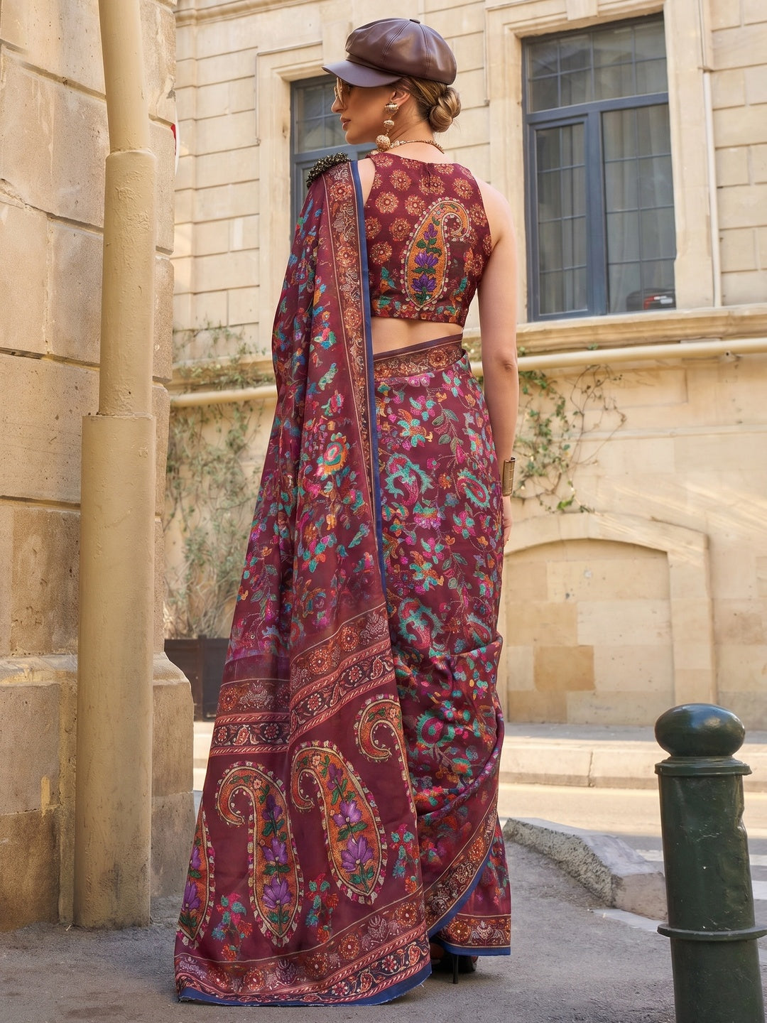 Maroon Floral Digital Printed Satin Saree - Image 1