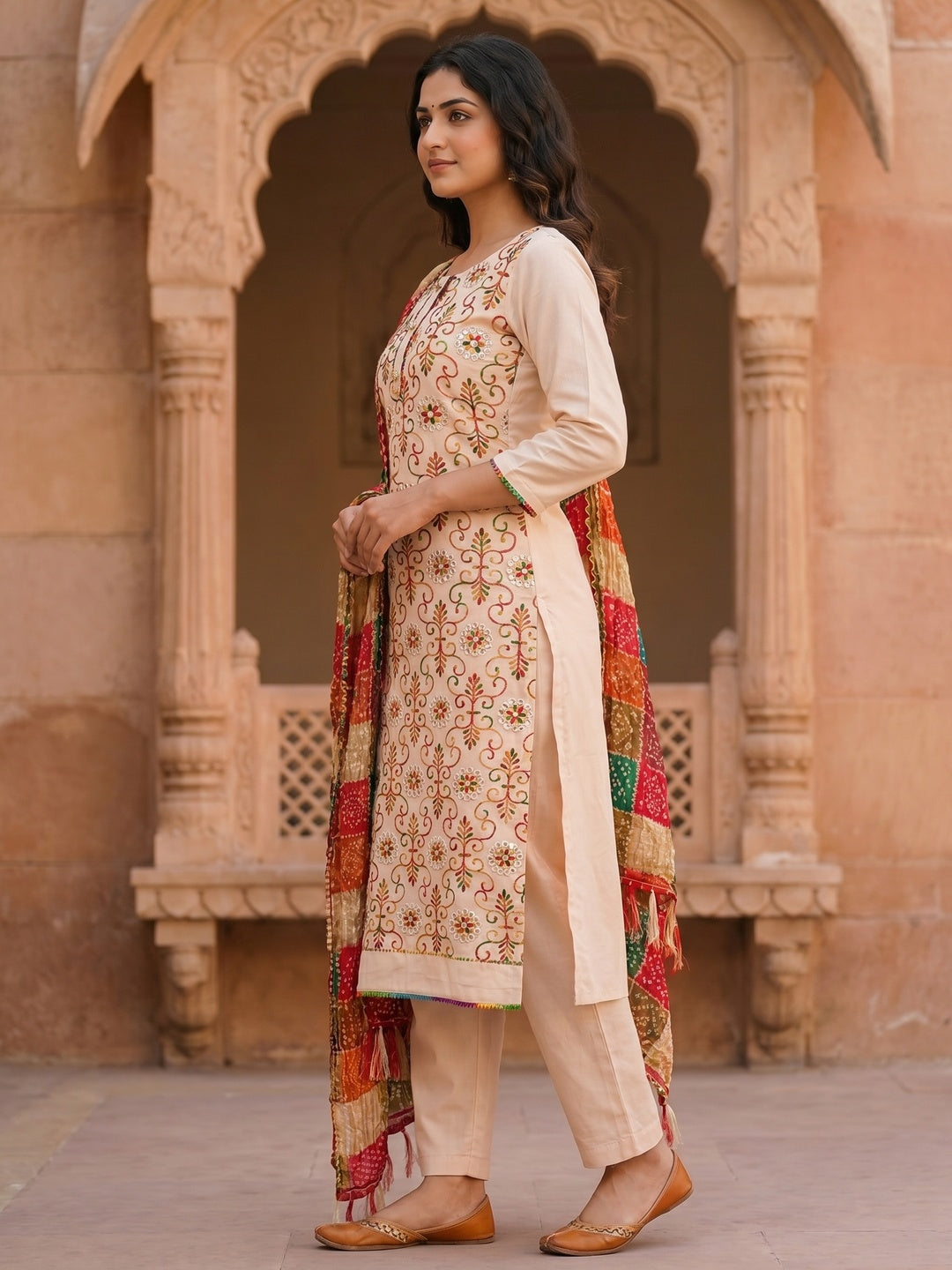 Cream Floral Embroidered Cotton Blend Dress Material - Image 2