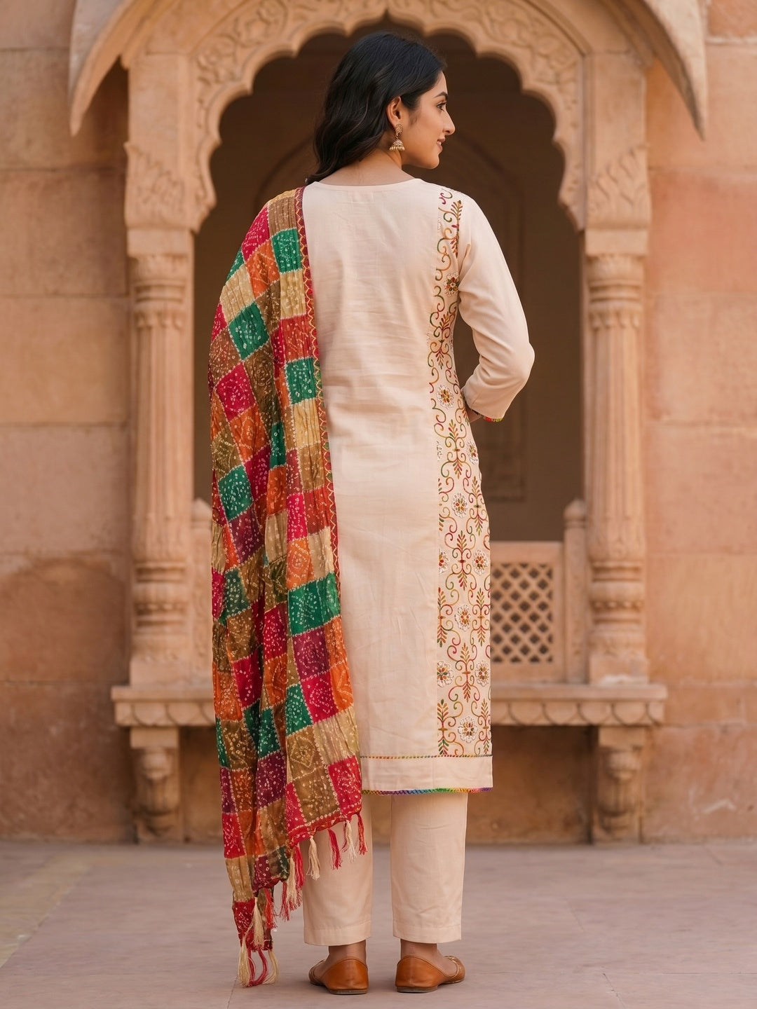 Cream Floral Embroidered Cotton Blend Dress Material - Image 1