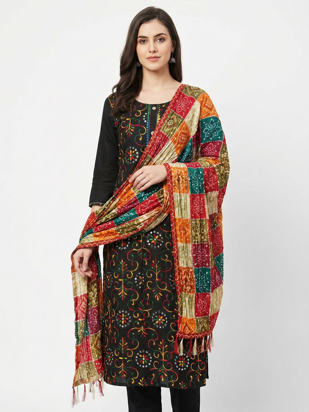Black Floral Embroidered Cotton Blend Dress Material - Image 1