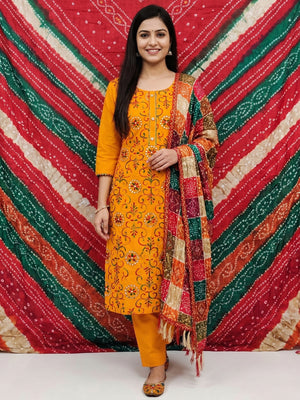Mustard Floral Embroidered Cotton Blend Dress Material - Image 1