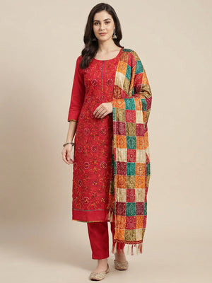 Red Floral Embroidered Cotton Blend Dress Material - Image 1