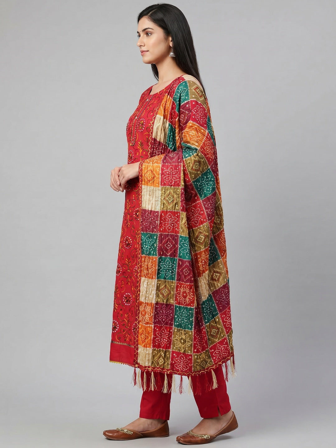 Red Floral Embroidered Cotton Blend Dress Material - Image 3