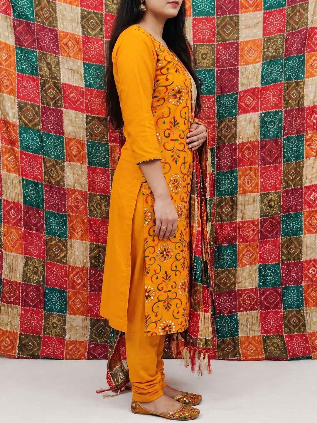 Mustard Floral Embroidered Cotton Blend Dress Material - Image 2