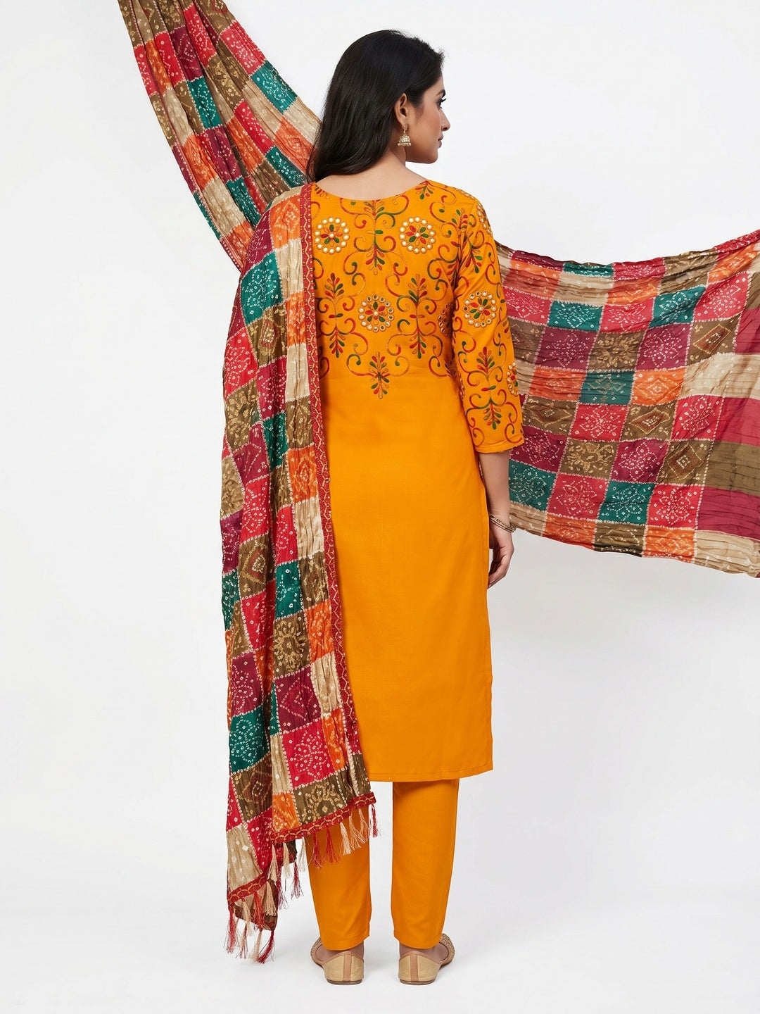 Mustard Floral Embroidered Cotton Blend Dress Material - Image 3