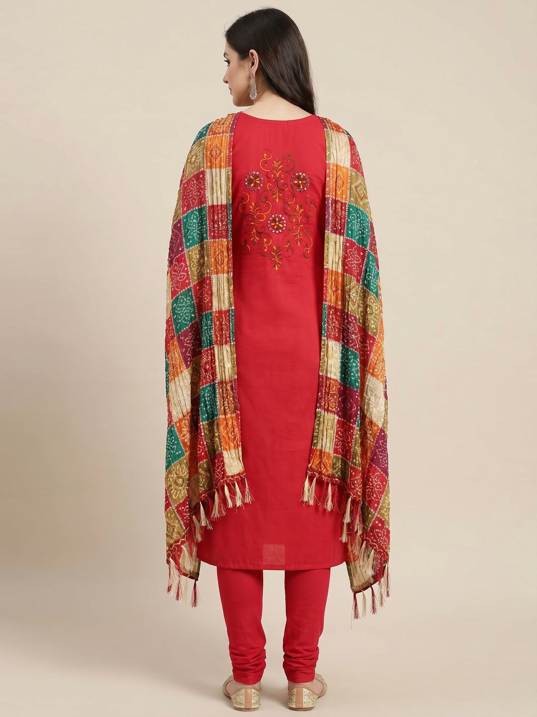 Red Floral Embroidered Cotton Blend Dress Material - Image 2