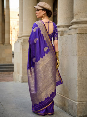 Purple Zari Work Woven Satin Saree With Tassels - Image 1