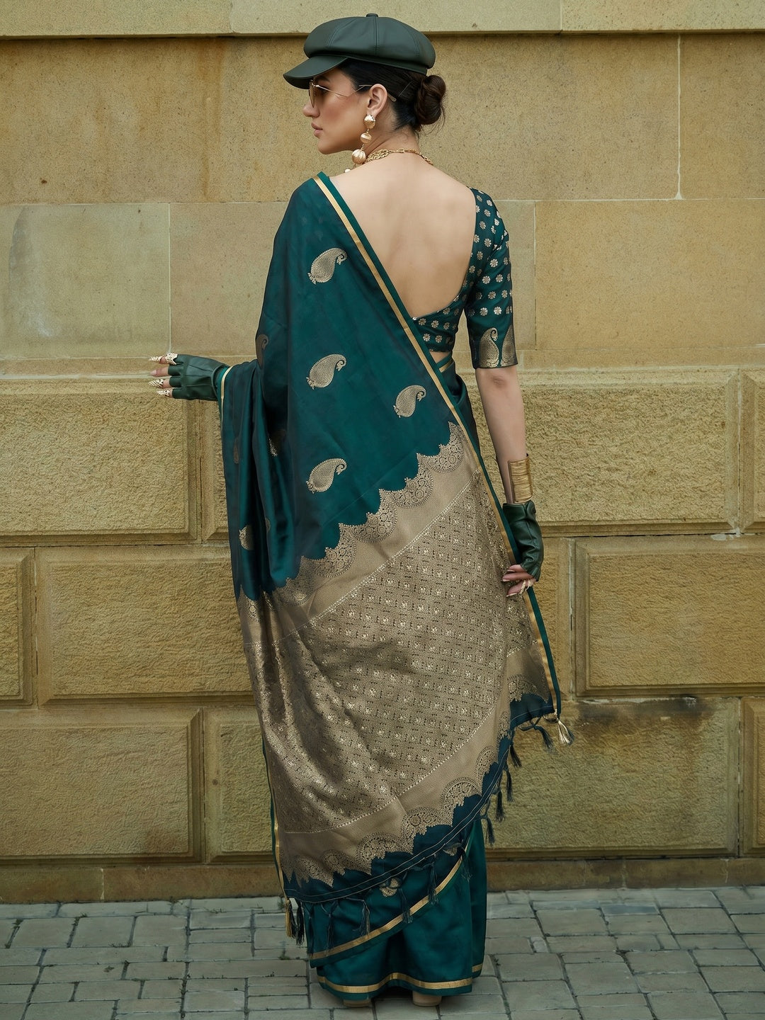 Morpich Green Zari Work Woven Satin Saree With Tassels - Image 1