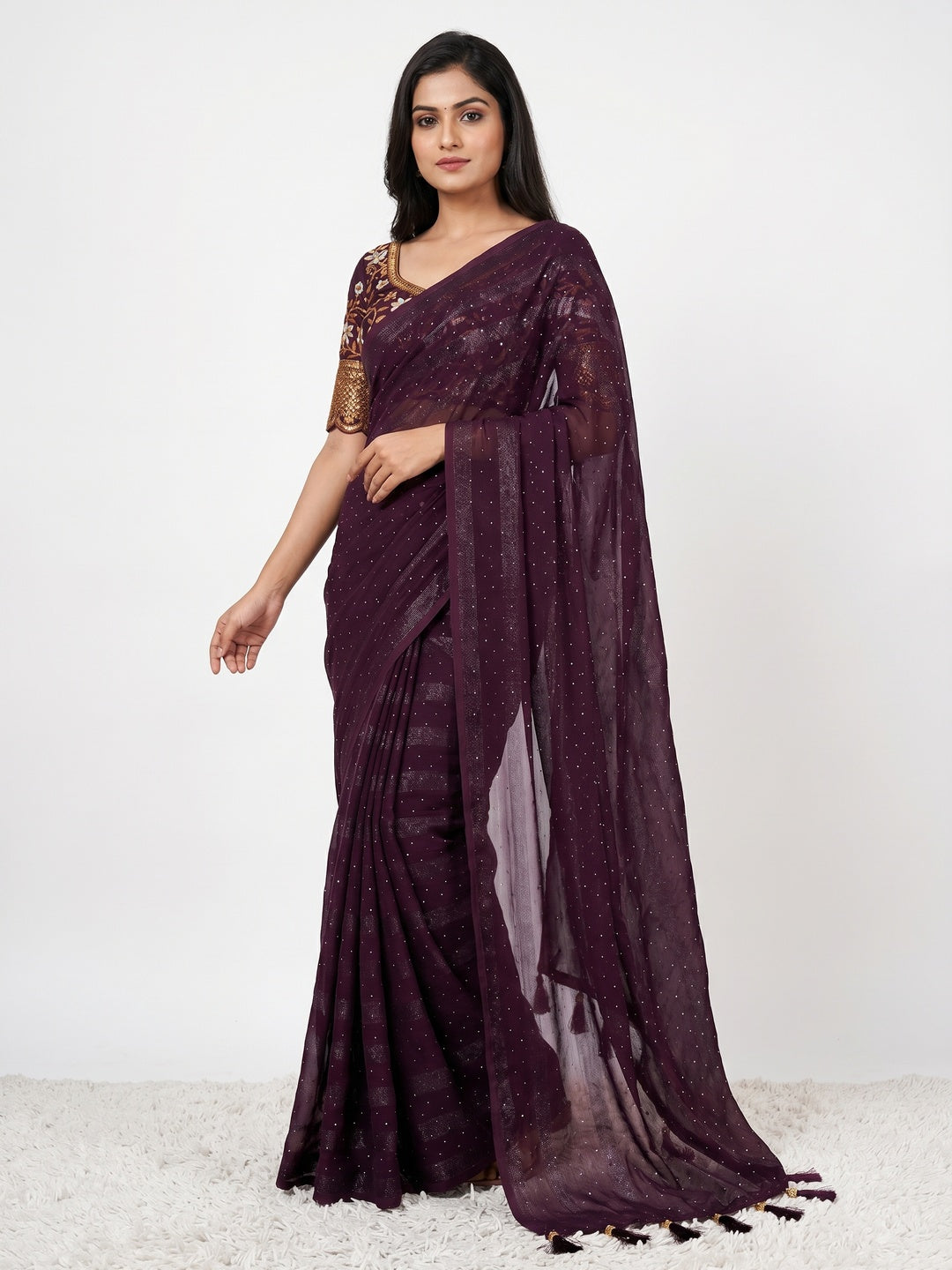 Wine Woven Swaroski Work Georgette Saree With Tassels - Image 1