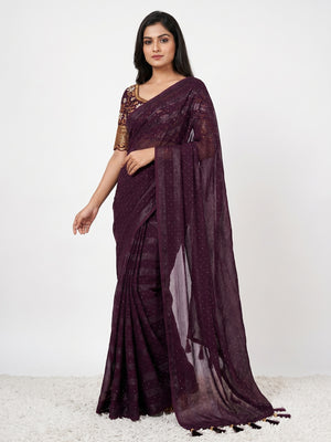 Wine Woven Swaroski Work Georgette Saree With Tassels - Image 1