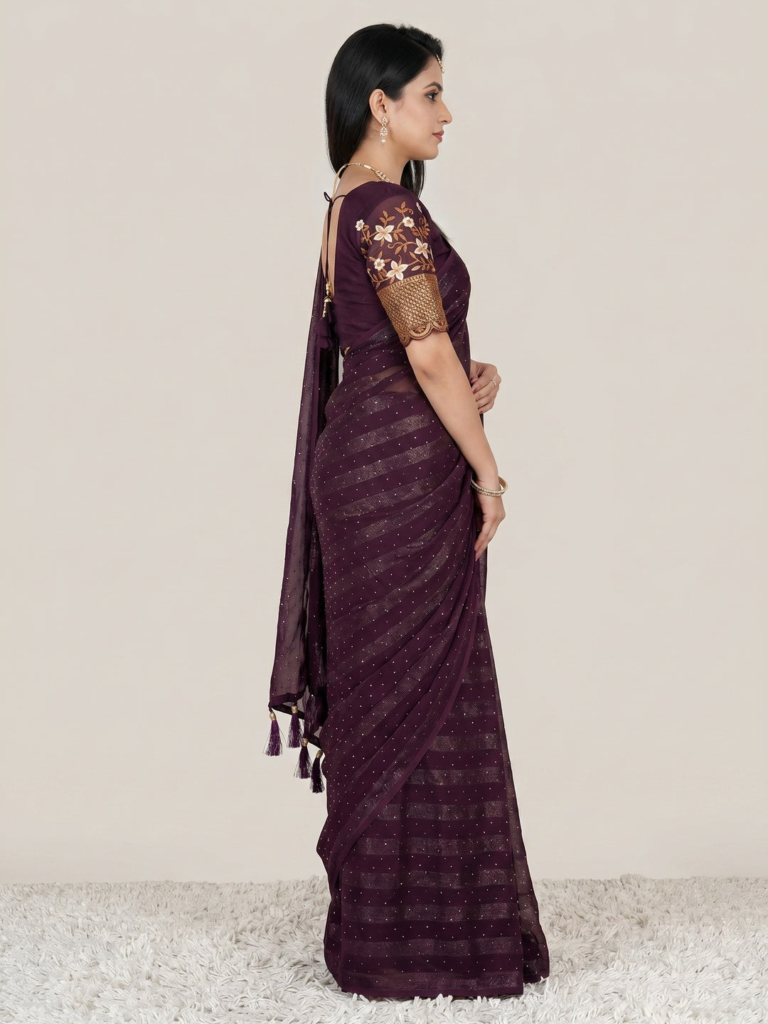 Wine Woven Swaroski Work Georgette Saree With Tassels - Image 2