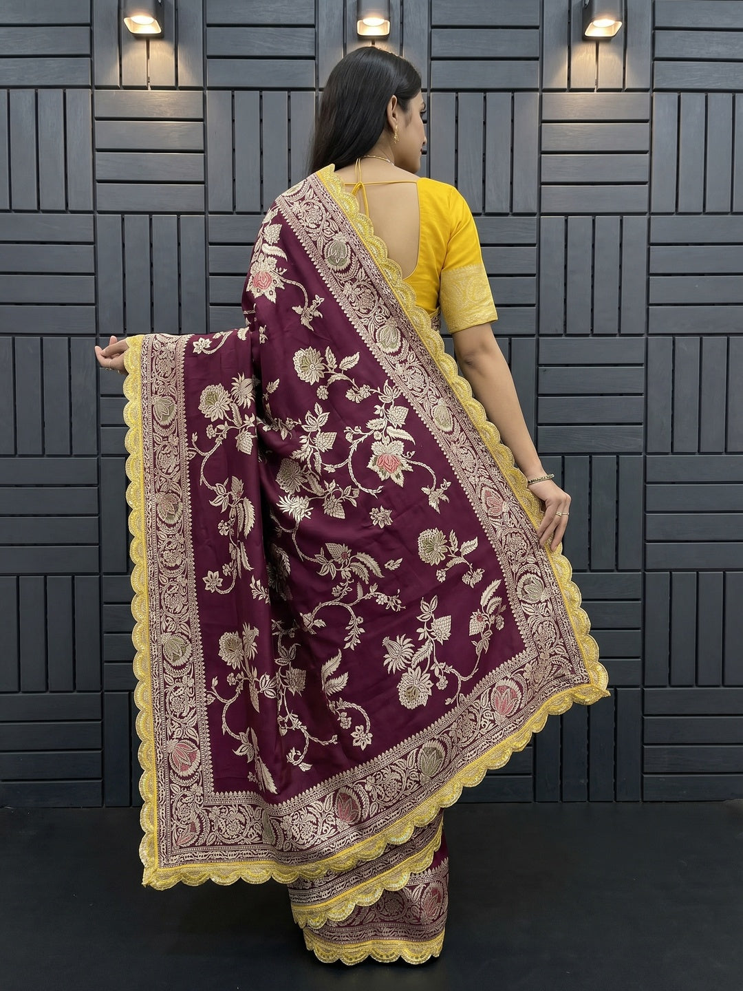 Wine Floral Woven Dola Silk Saree With Lace Border - Image 4