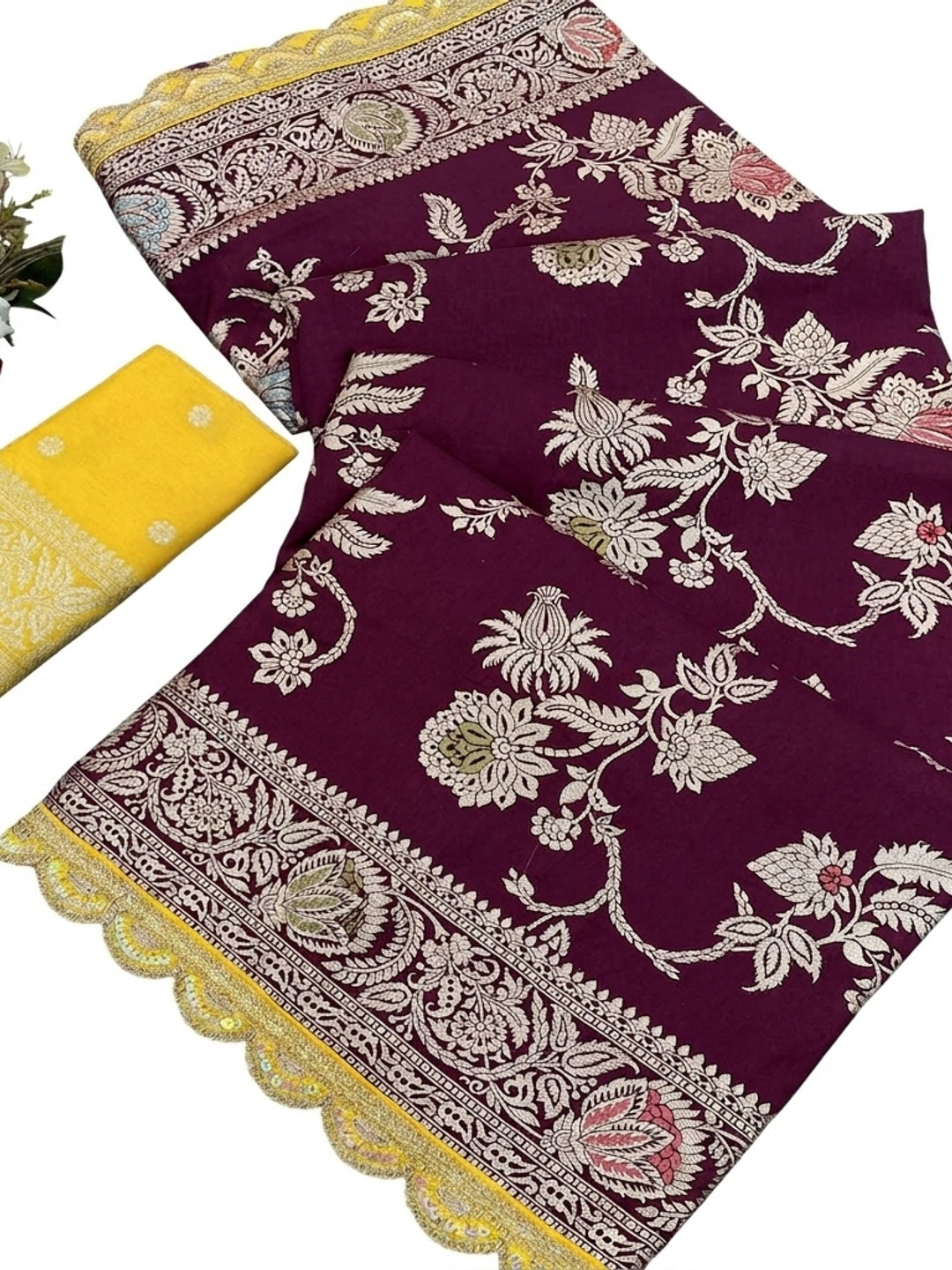 Wine Floral Woven Dola Silk Saree With Lace Border - Image 2