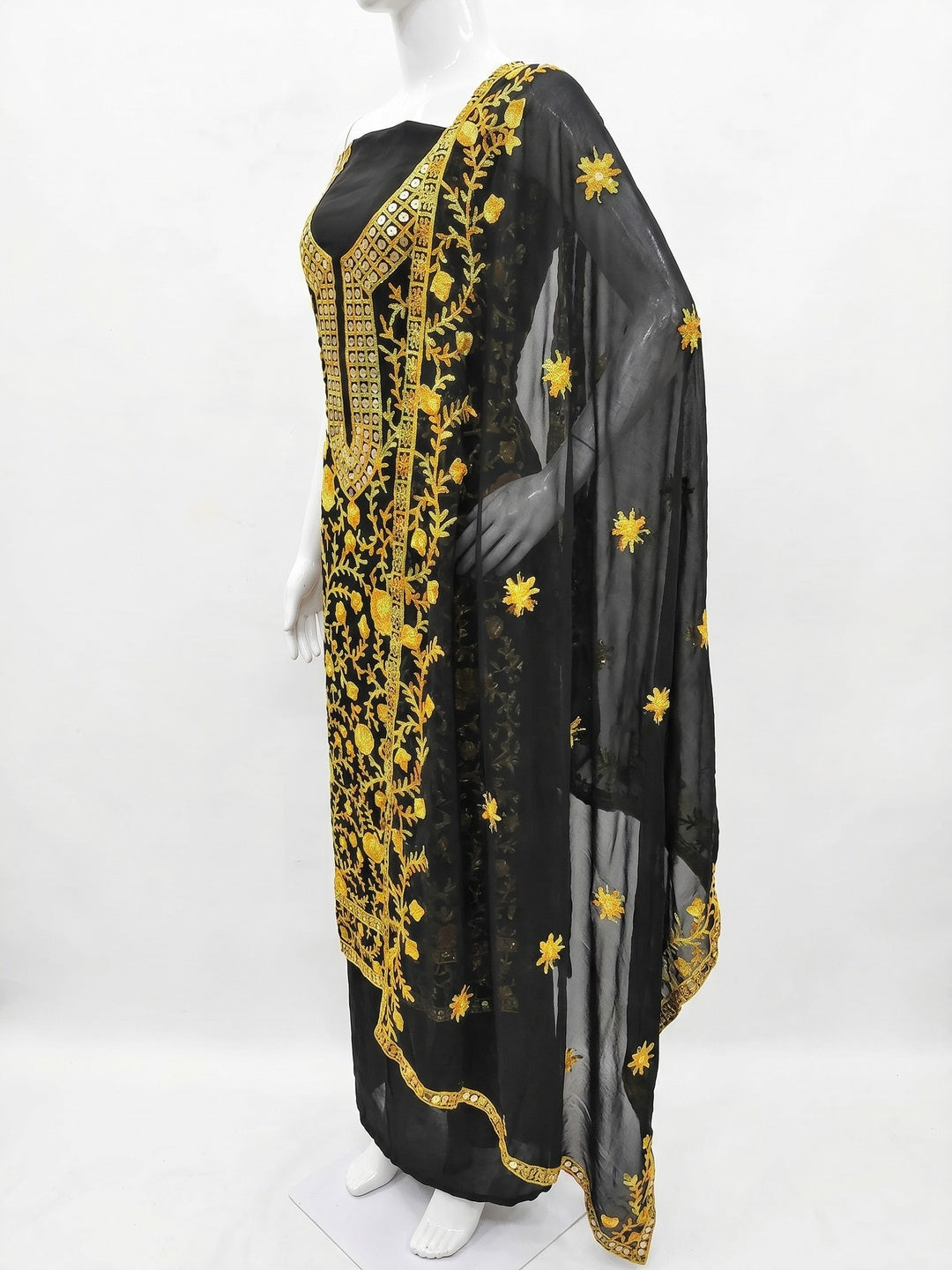 Black & Yellow Floral Sequins Embroidered Georgette Dress Material - Image 3