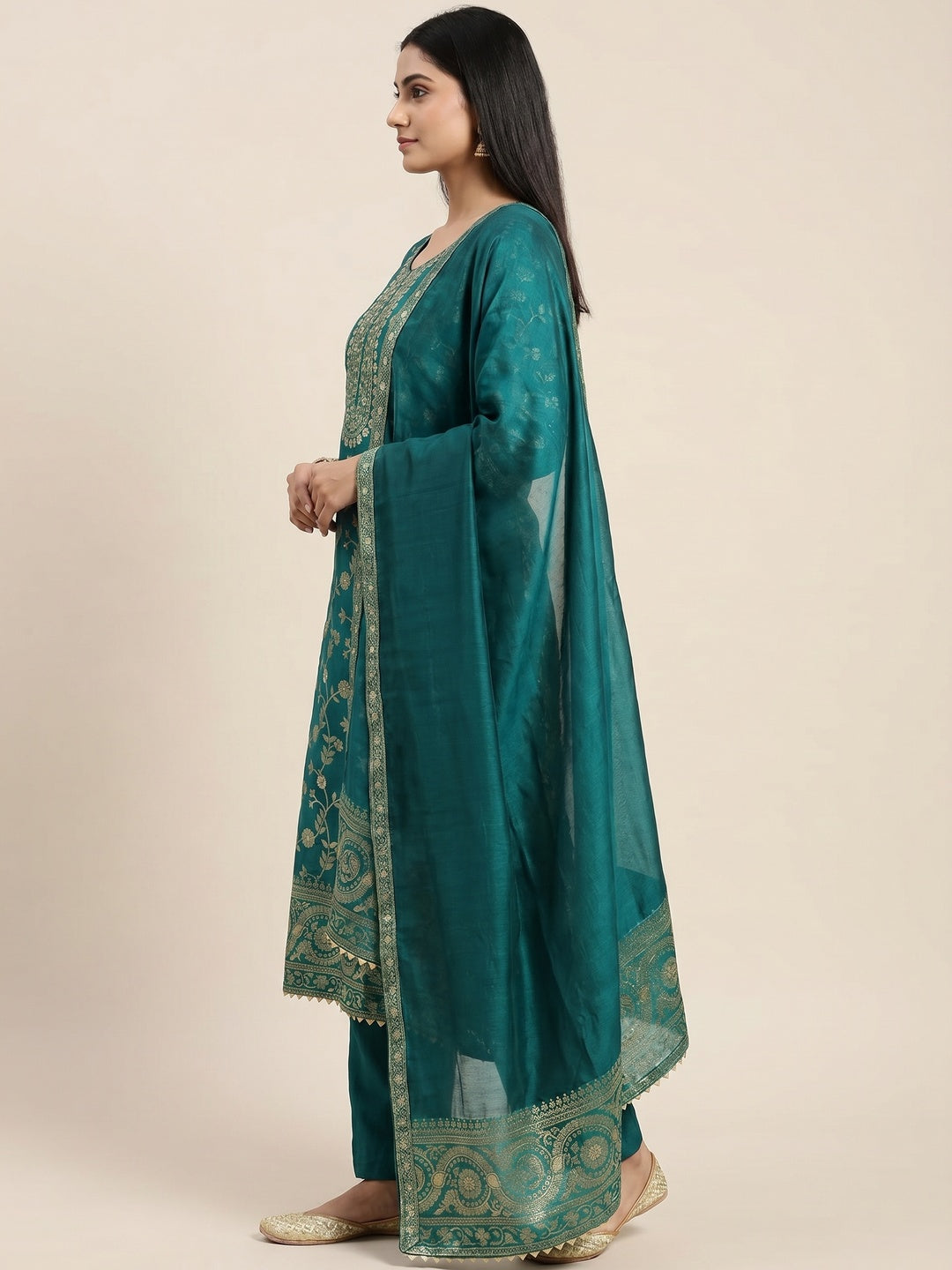 Teal Floral Woven Jacquard Dress Material - Image 3