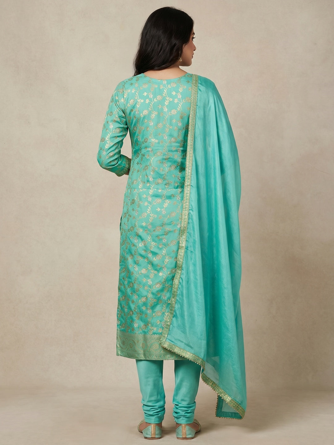 Turquoise Floral Woven Jacquard Dress Material - Image 3