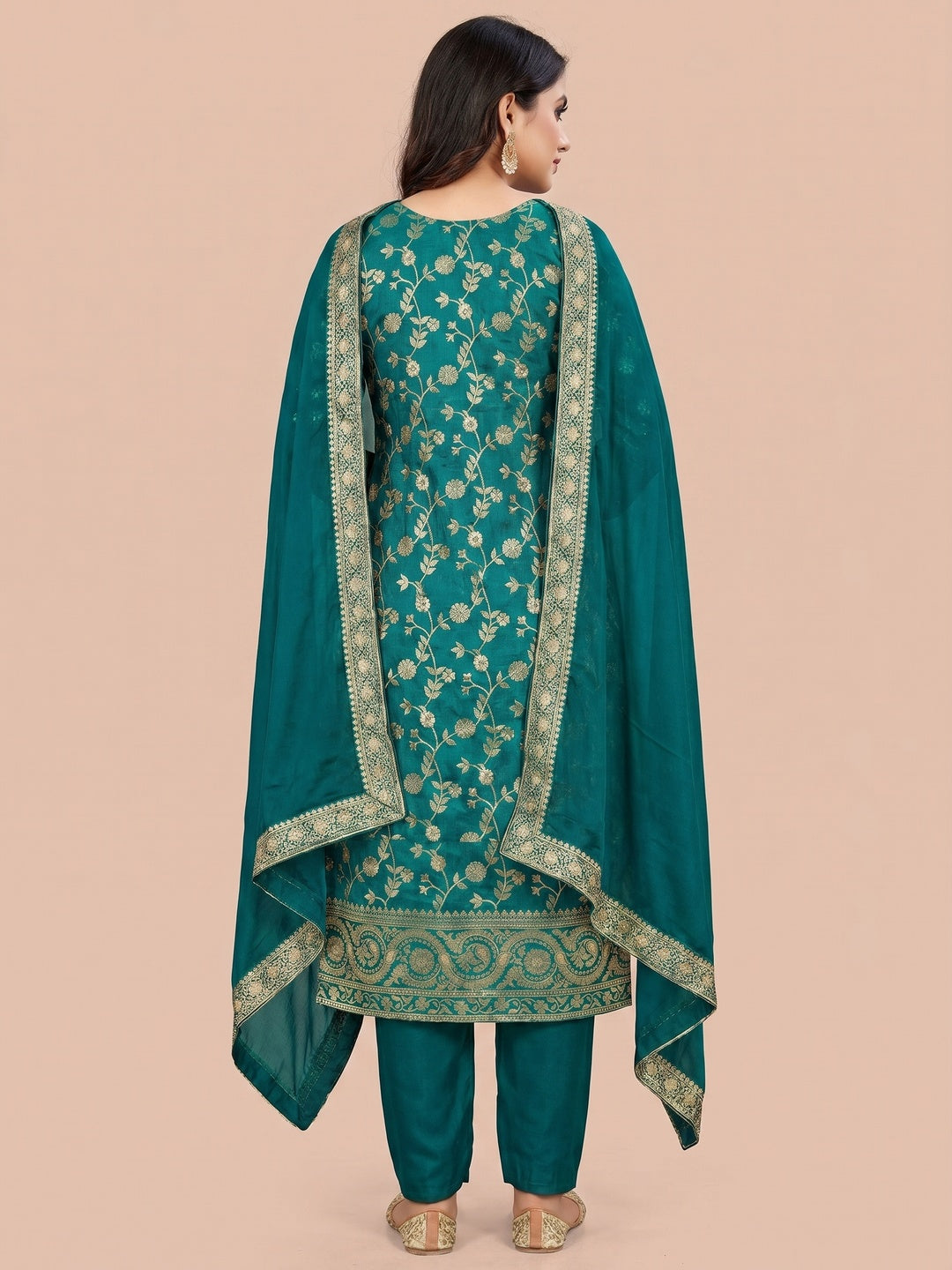 Teal Floral Woven Jacquard Dress Material - Image 2