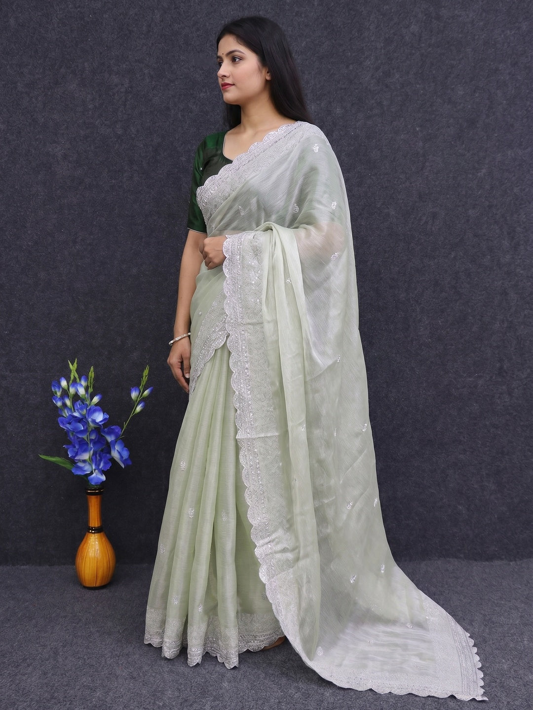 Green Sequins Embroidered Chiffon Saree - Image 3