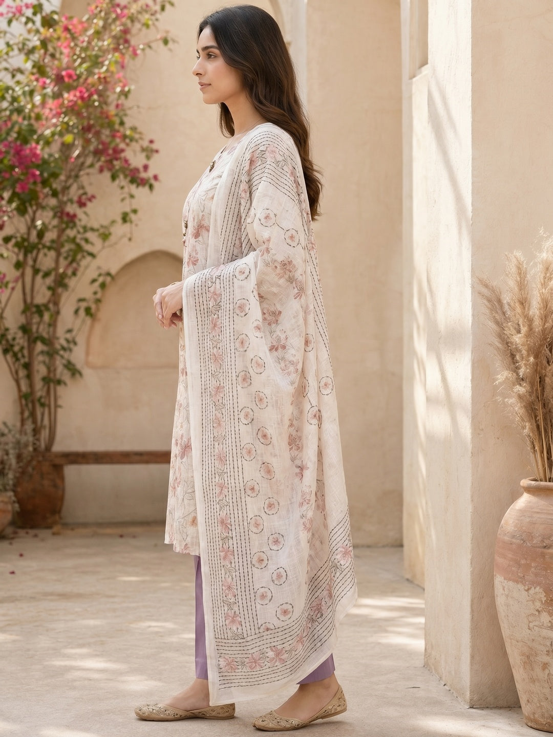 Cream Floral Printed Linen Dress Material - Image 1